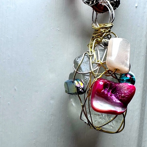 Handmade beach glass pendant embellished wire wrapped and beaded on leather cord - Picture 4 of 16